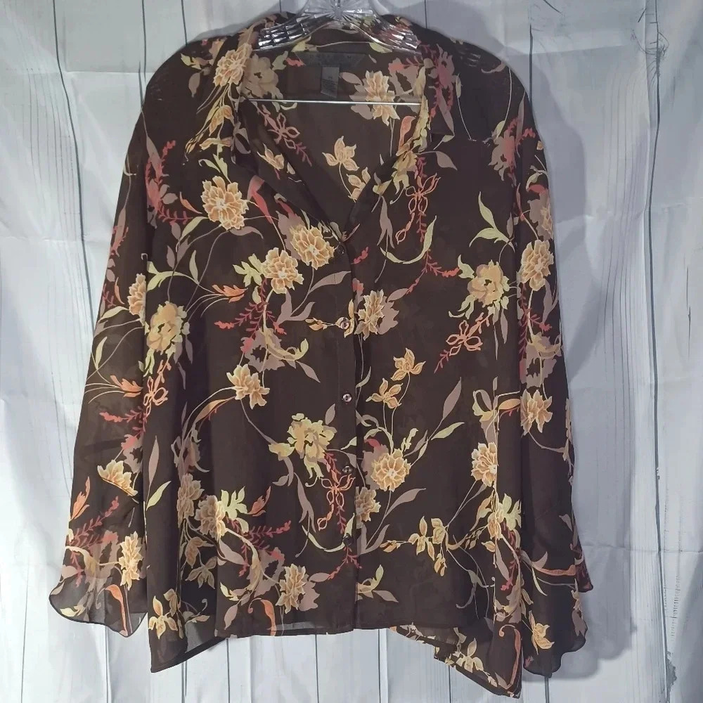 Uniform John Paul Richard sheer button down cottagecore earthtones floral blouse